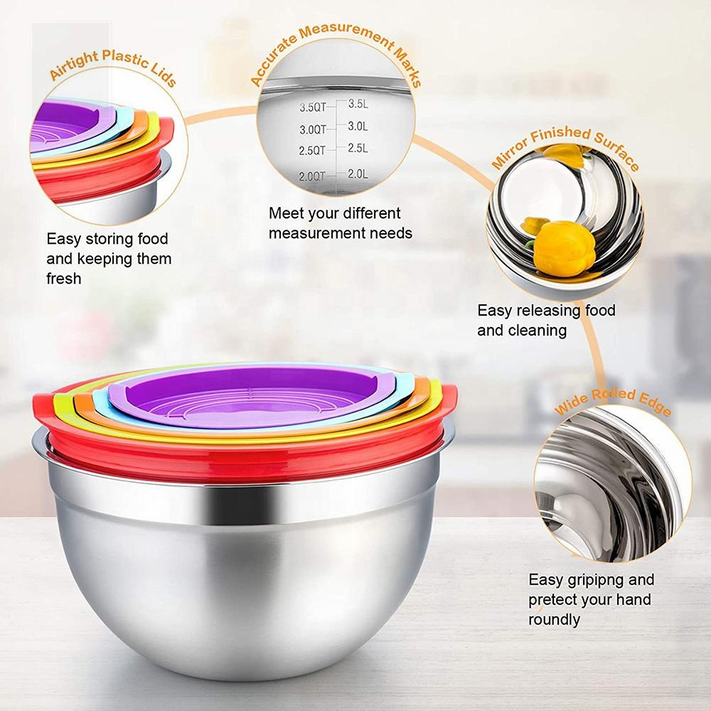 Amazon Top Seller Stainless Steel Salad Bowl Heat Insulated Non-Slip Bottom Rice Soup Mixing Bowls Set with Airtight Lids