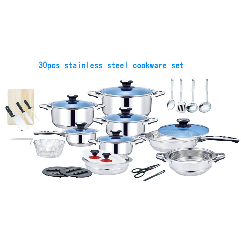 Factory Hot Sale Cookware Flat-Bottomed Pot With Blue Glass Covers Stainless Steel Cookware 25/30 Pcs Cookware Sets