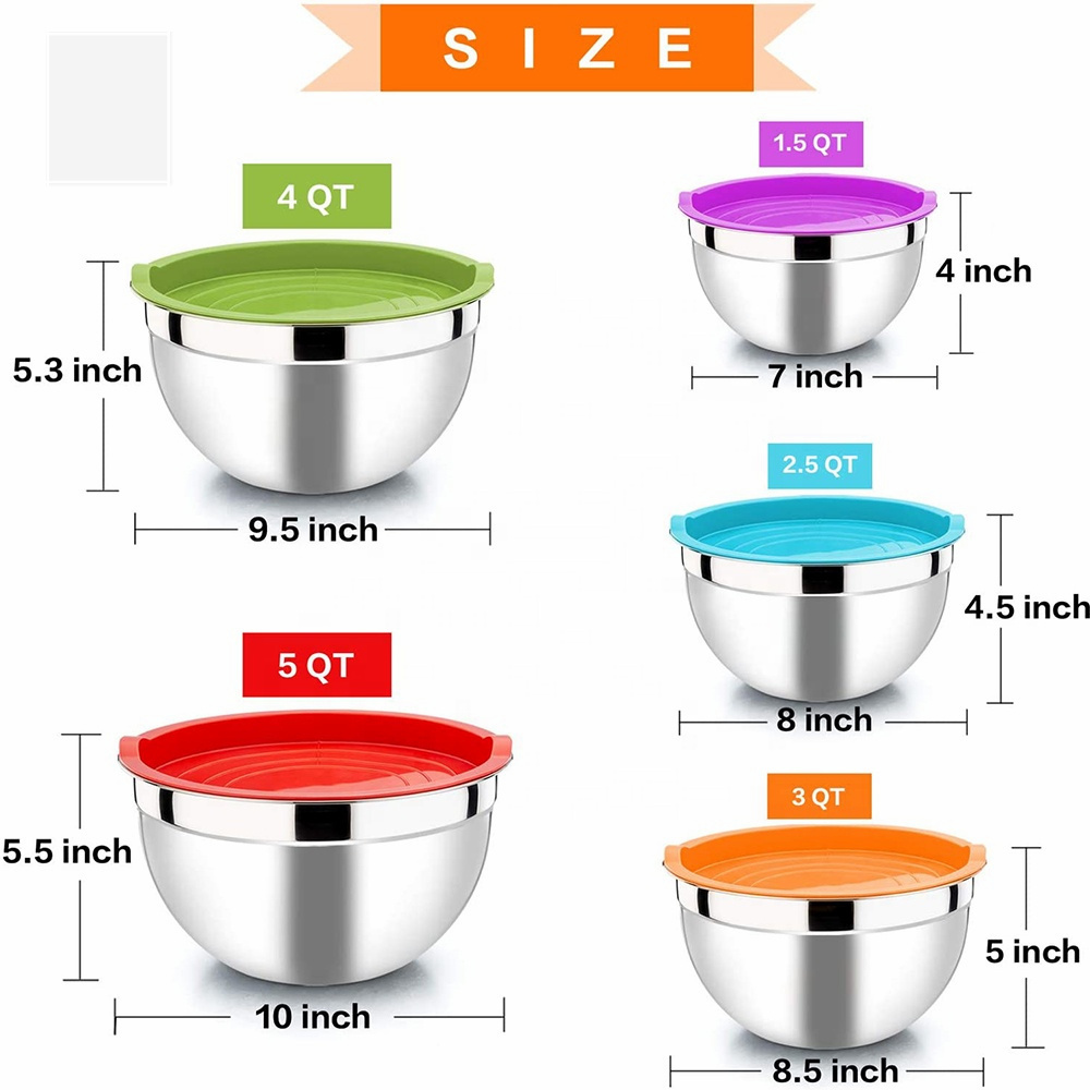 Amazon Top Seller Stainless Steel Salad Bowl Heat Insulated Non-Slip Bottom Rice Soup Mixing Bowls Set with Airtight Lids