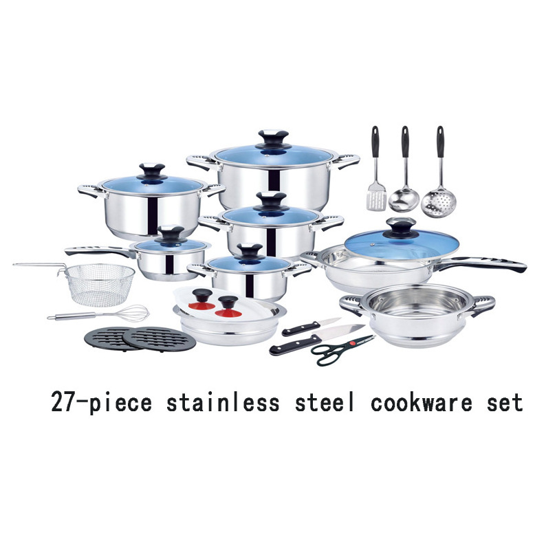 Factory Hot Sale Cookware Flat-Bottomed Pot With Blue Glass Covers Stainless Steel Cookware 25/30 Pcs Cookware Sets