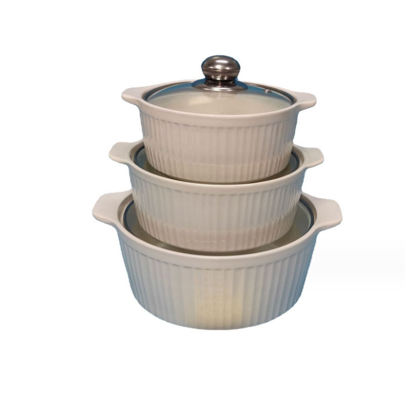 2023 In Stock Porcelain Tableware White Cheap Casserole Pot Embossed Ceramic Soup Pot Sets with Glass Lid