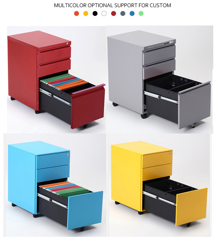 Movable Steel Metal Drawer Colorful Steel Mobile Storage File Cabinet metal  2 3 drawers mobile pedestal With Wheels