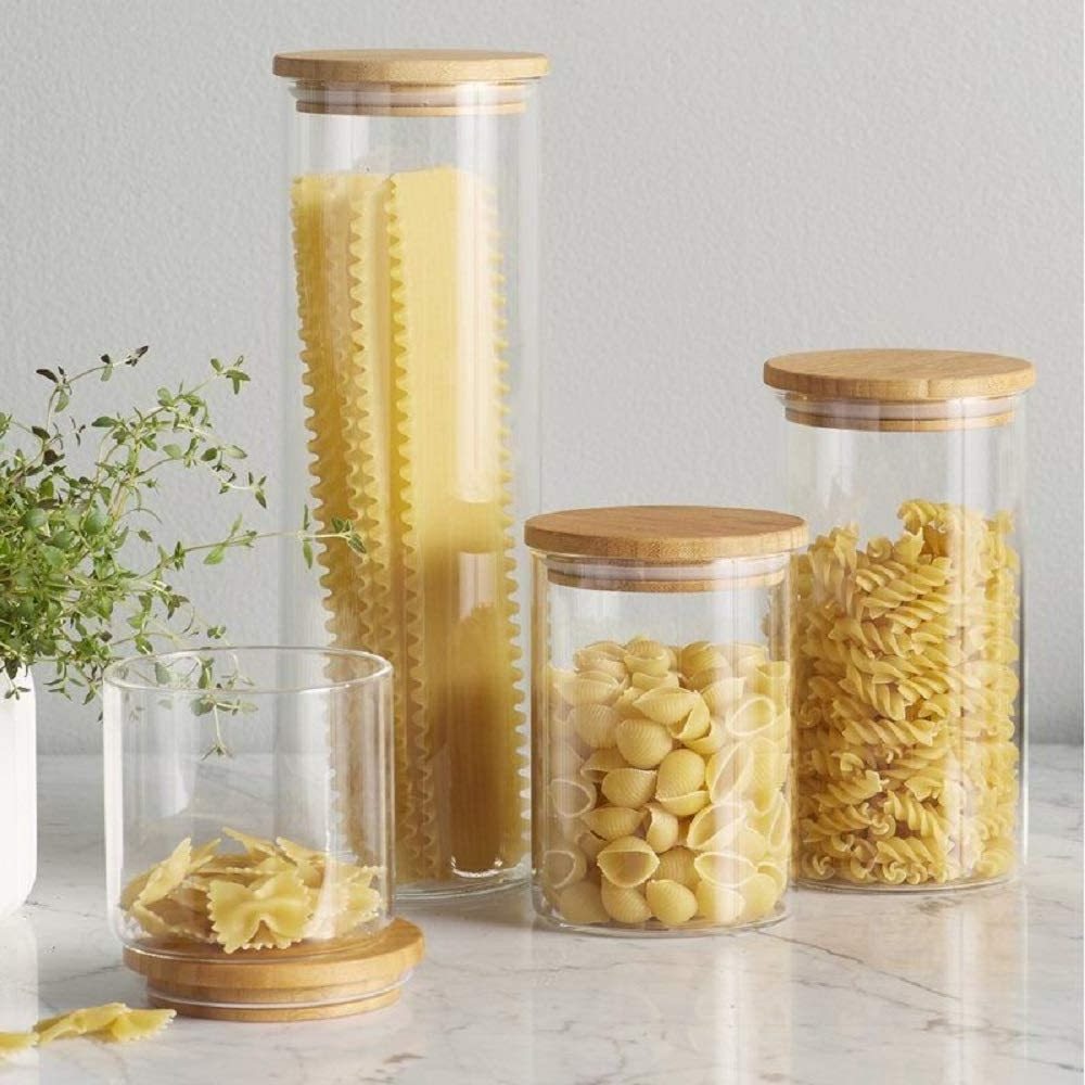 Various Sizes Glass Clear Bamboo Candy Multi-use Canister Container Food Storage Organizer with Lid