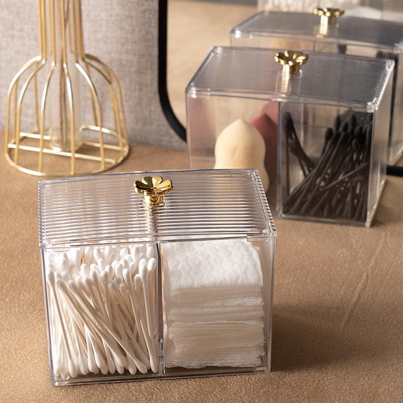 High Quality Plastic Canister Bathroom 2 Sections Clear Acrylic Box Case Cotton Pad Storage  Holder with Lid