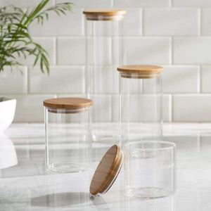 Various Sizes Glass Clear Bamboo Candy Multi-use Canister Container Food Storage Organizer with Lid