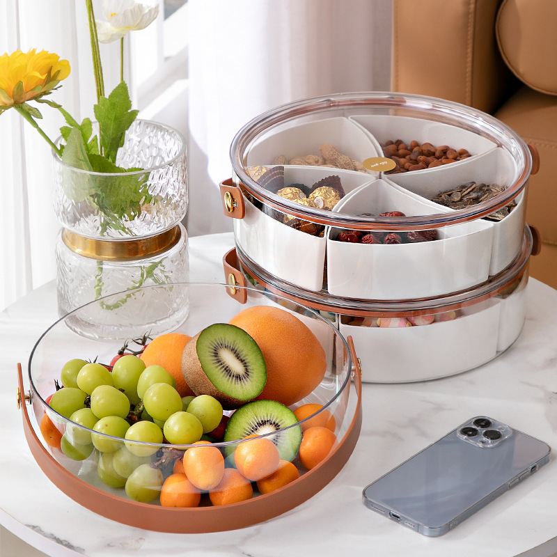 Portable Round Plastic Veggie Tray Divided Serving Tray with Lid Platter Food Storage Container Box for Home