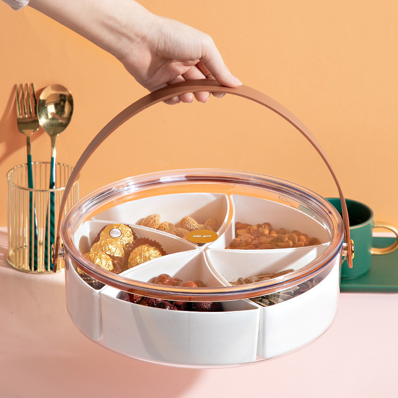 Portable Round Plastic Veggie Tray Divided Serving Tray with Lid Platter Food Storage Container Box for Home