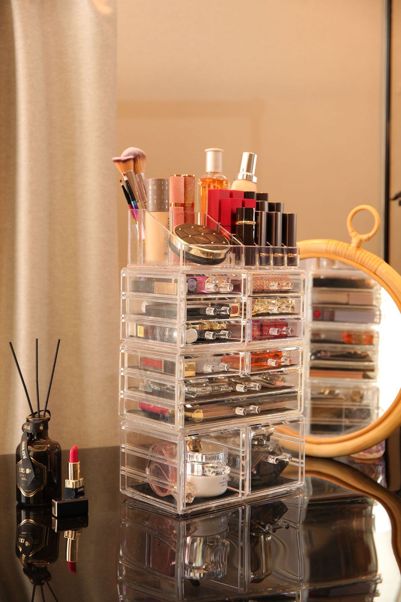 Spacious Bathroom Vanity Cosmetic Jewelry Storage Case Tower Display Makeup Organizer with Drawer