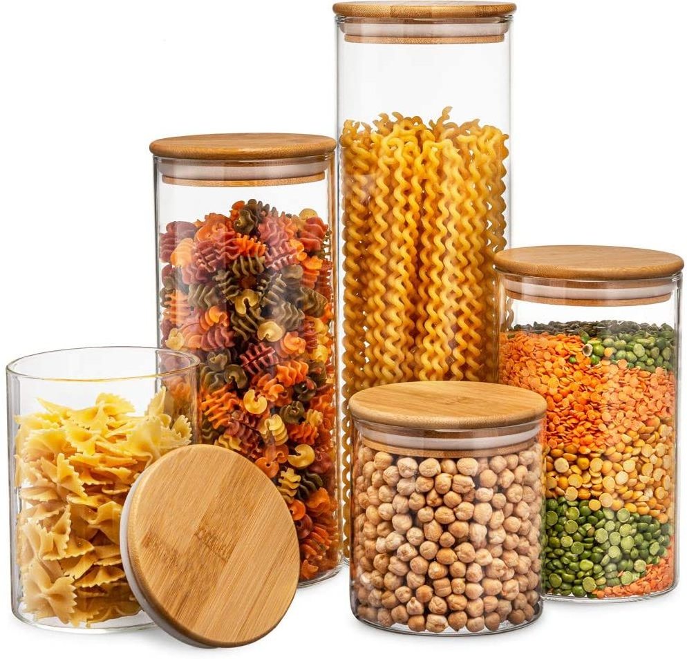 Various Sizes Glass Clear Bamboo Candy Multi-use Canister Container Food Storage Organizer with Lid