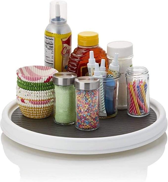 Plastic Round Spinning Turntable White/Gray Pantry Cabinet Lazy Susan Rotating Spice Rack for Countertop