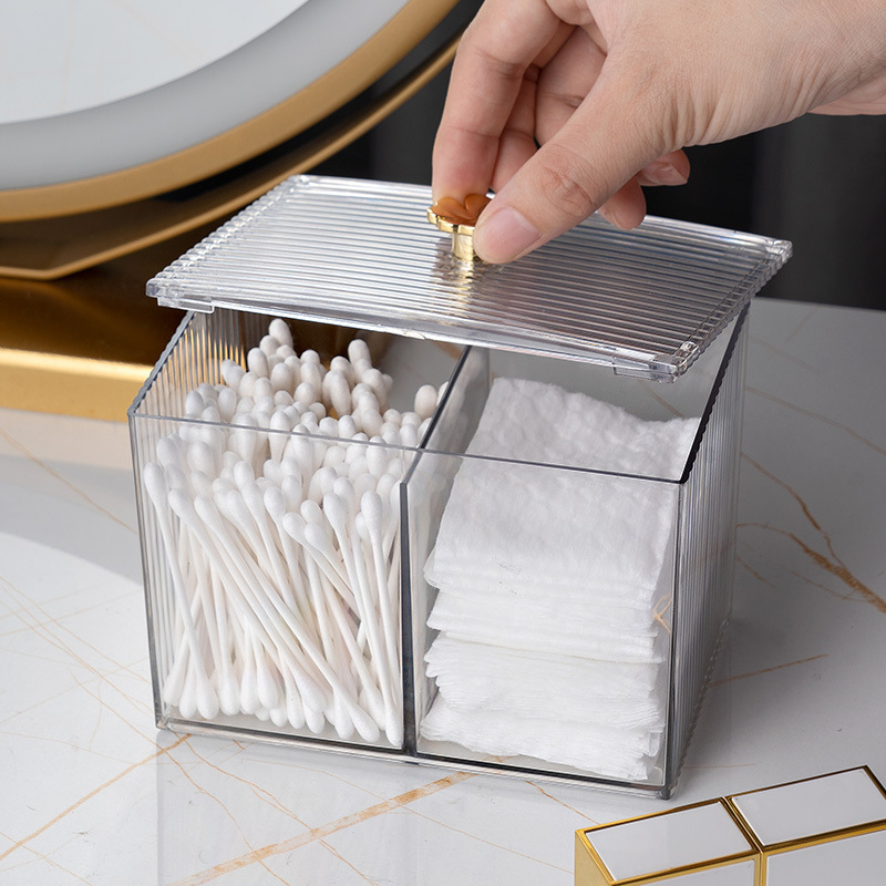 High Quality Plastic Canister Bathroom 2 Sections Clear Acrylic Box Case Cotton Pad Storage  Holder with Lid