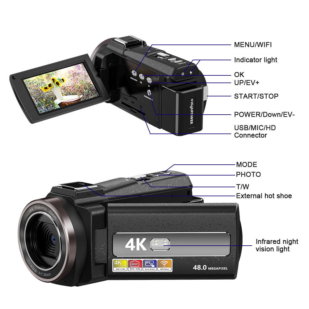 Professional Handheld 4K HD 48MP Video Digital Dslr Camera for YouTube Live Streaming Vlogging