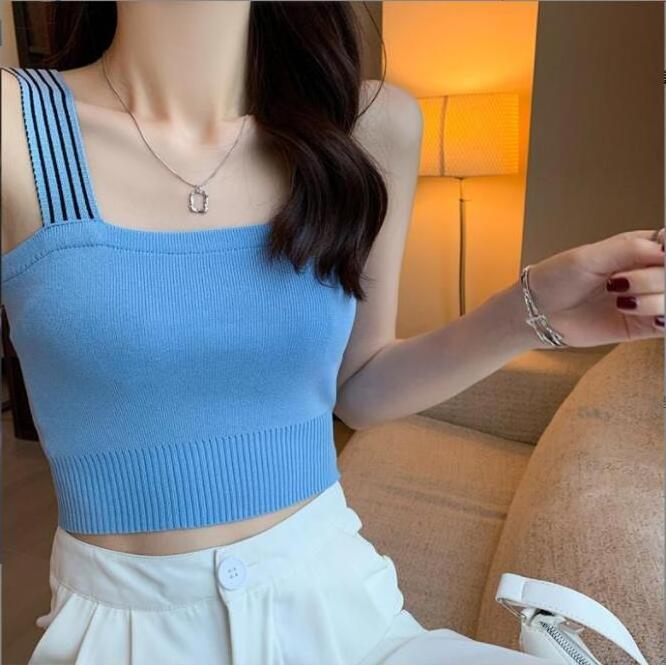 Wholesale Women's Vest 2021 Solid Color Sling New Black White Striped Color Matching Shoulder Strap Knitted Tank Top Vests