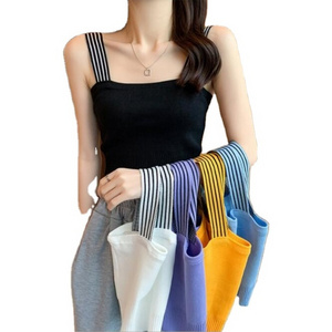 Wholesale Women's Vest 2021 Solid Color Sling New Black White Striped Color Matching Shoulder Strap Knitted Tank Top Vests