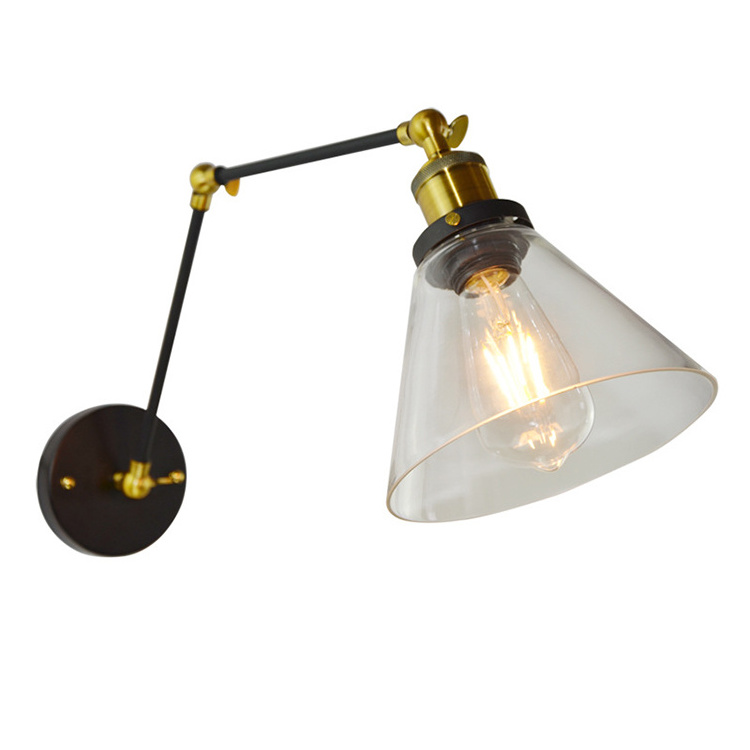 Antique Brass Swing Arm Wall Lamp Adjustable Retro Industrial Clear Glass Cylinder Lampshade Wall Lamp