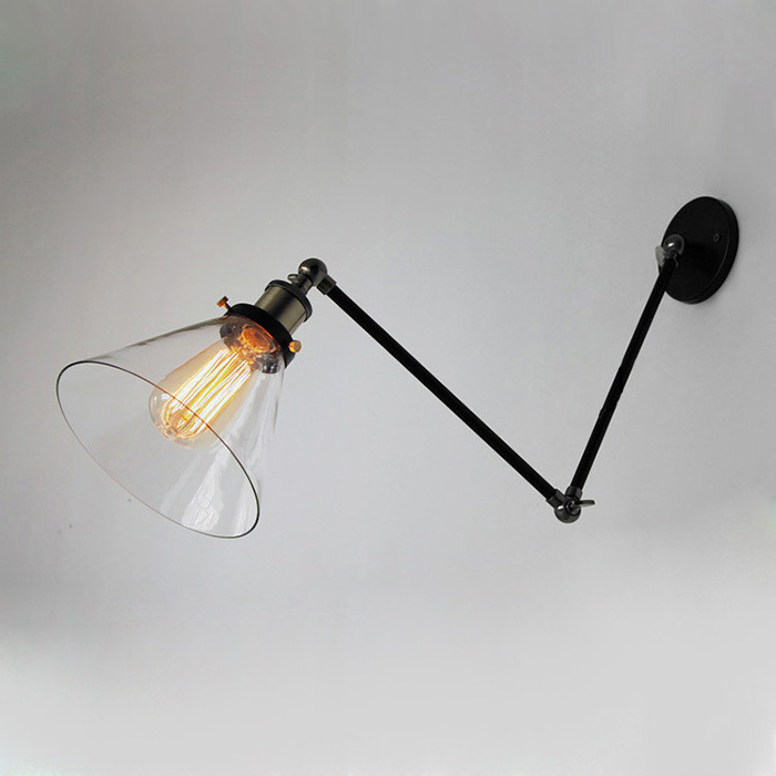 Antique Brass Swing Arm Wall Lamp Adjustable Retro Industrial Clear Glass Cylinder Lampshade Wall Lamp