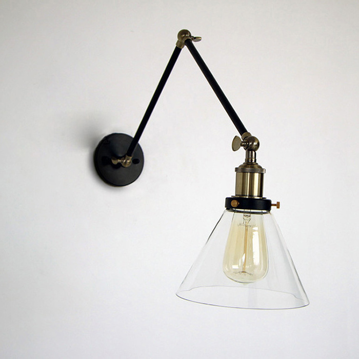 Antique Brass Swing Arm Wall Lamp Adjustable Retro Industrial Clear Glass Cylinder Lampshade Wall Lamp