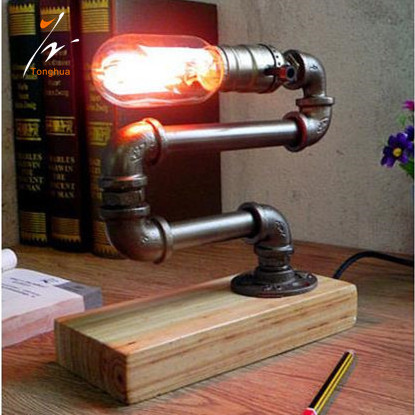 Tonghua Vintage Filament Bulb Table Lamp with Wood Base Water Pipe Retro Reading Light