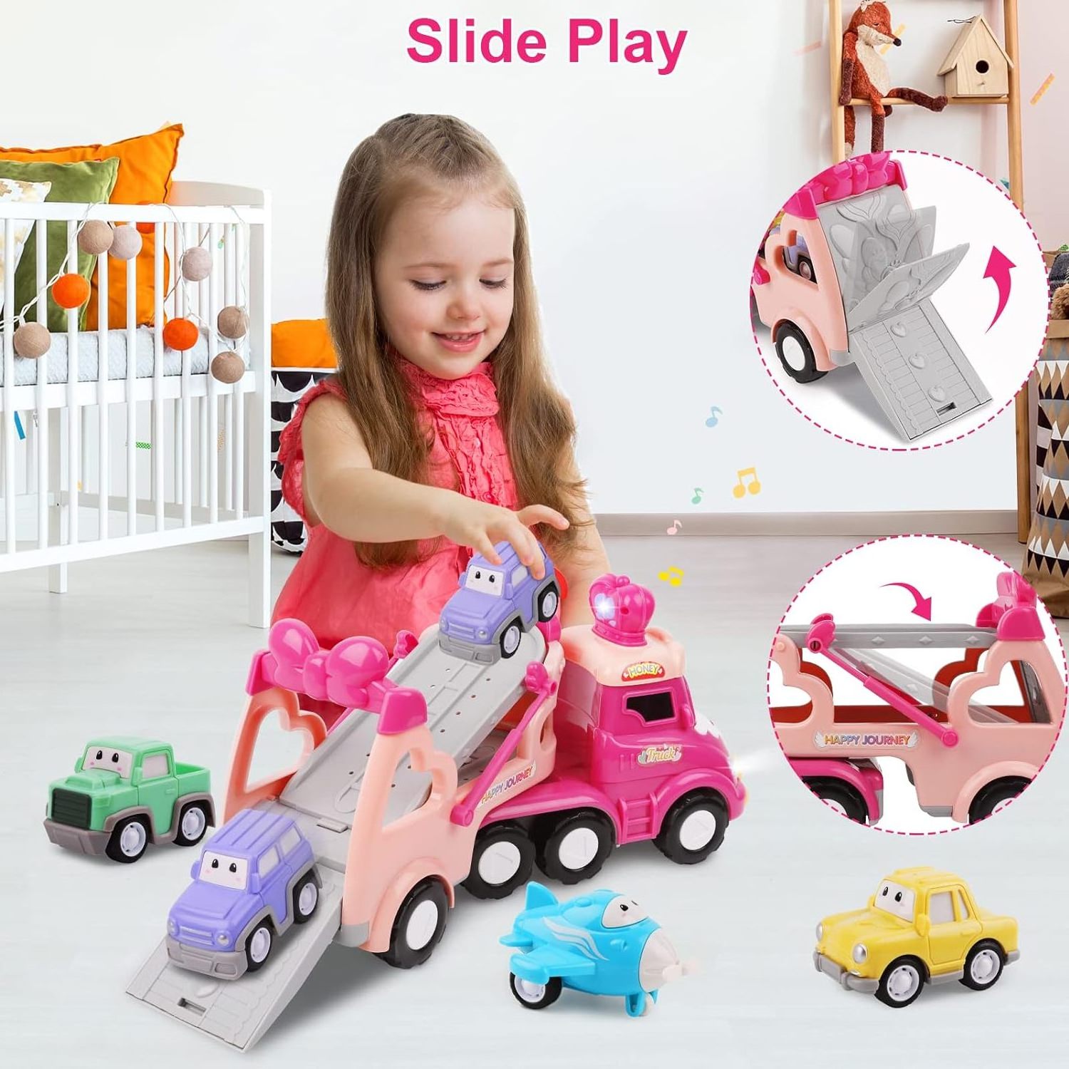 Die-Cast Transport Truck Car Toys 5-in-1 Carrier Truck Toys for Toddler Girl Princess Toy Cars with Light & Sound