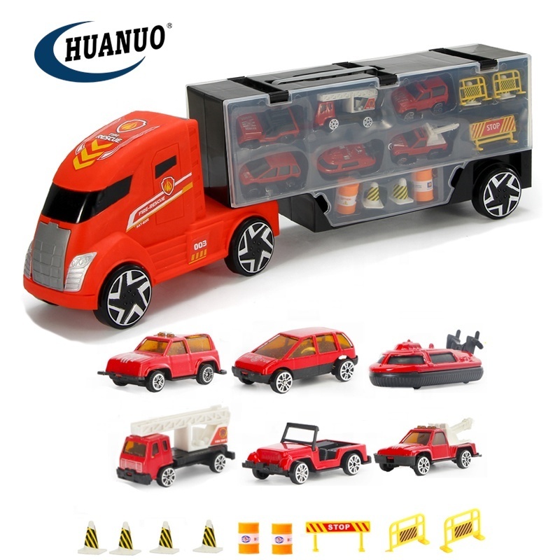 Kids alloy car play set 1:26 diecast toy trailer transport toy vehicle fire truck toy