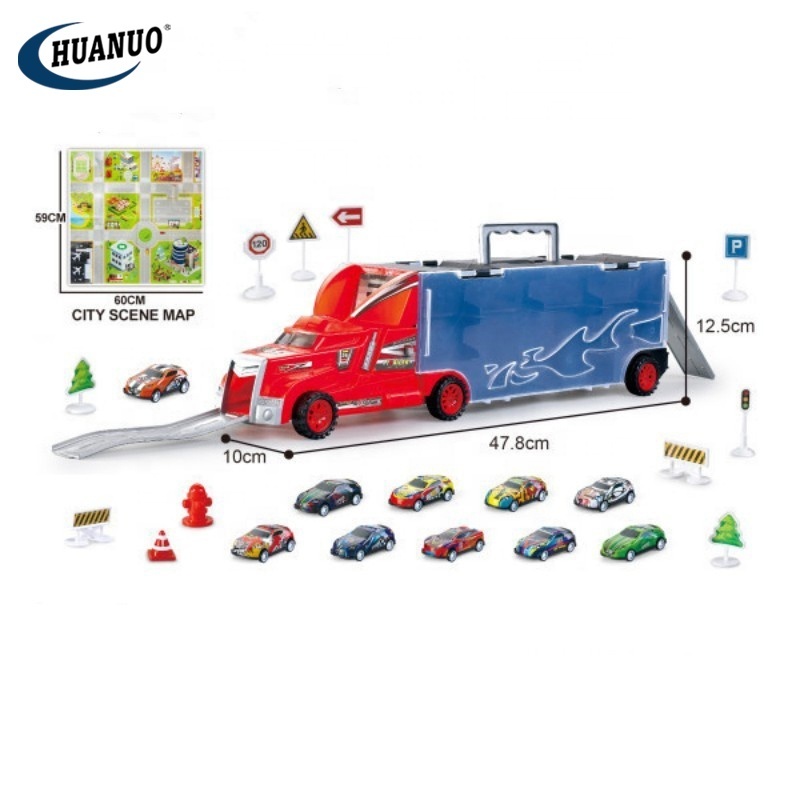 Hot Selling Kids Alloy Car Diecast Toy Set DIY Plastic Tralier Vehicle sliding Truck Toys For Boys With City Scene Map