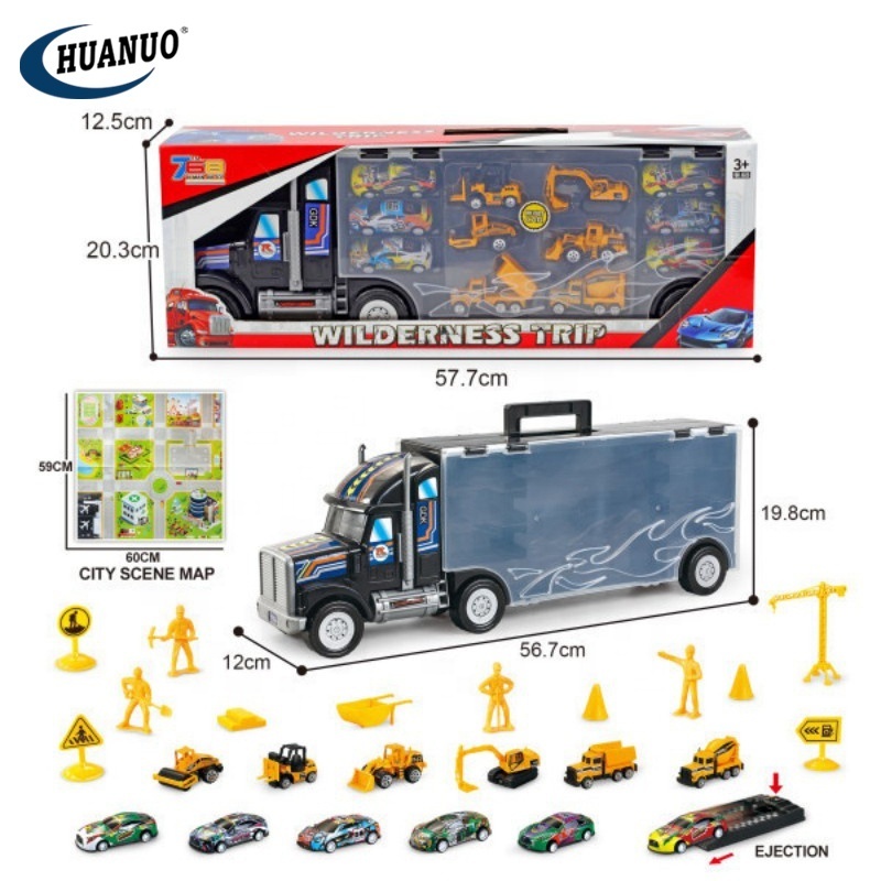 Hot Selling Kids Alloy Car Diecast Toy Set DIY Plastic Tralier Vehicle sliding Truck Toys For Boys With City Scene Map