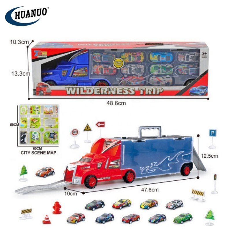 Hot Selling Kids Alloy Car Diecast Toy Set DIY Plastic Tralier Vehicle sliding Truck Toys For Boys With City Scene Map