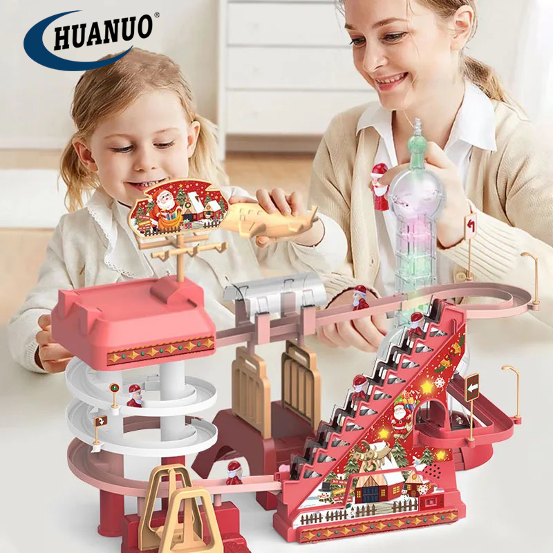 Electric Auto UBS Outsize Christmas Remote Control Sliding Railway Slot Track Roller Coaster Slot Climbing Stairs Toy with Music