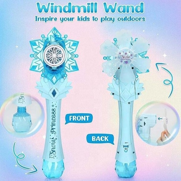 2 in 1 Princess Magic Bubble Blower Wand Machine for Kids, Snowflake Maker Wand Toys with Windmill & Light Up LED & Music