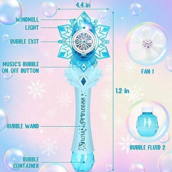 2 in 1 Princess Magic Bubble Blower Wand Machine for Kids, Snowflake Maker Wand Toys with Windmill & Light Up LED & Music