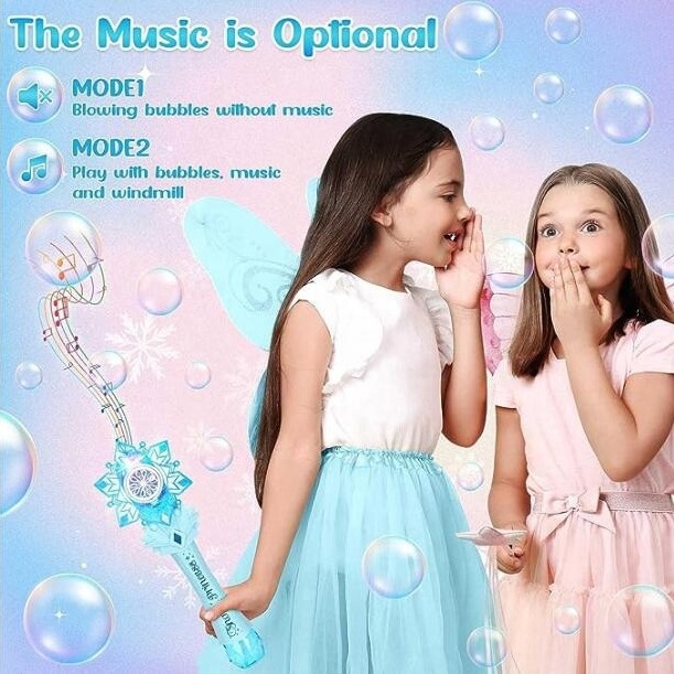 2 in 1 Princess Magic Bubble Blower Wand Machine for Kids, Snowflake Maker Wand Toys with Windmill & Light Up LED & Music