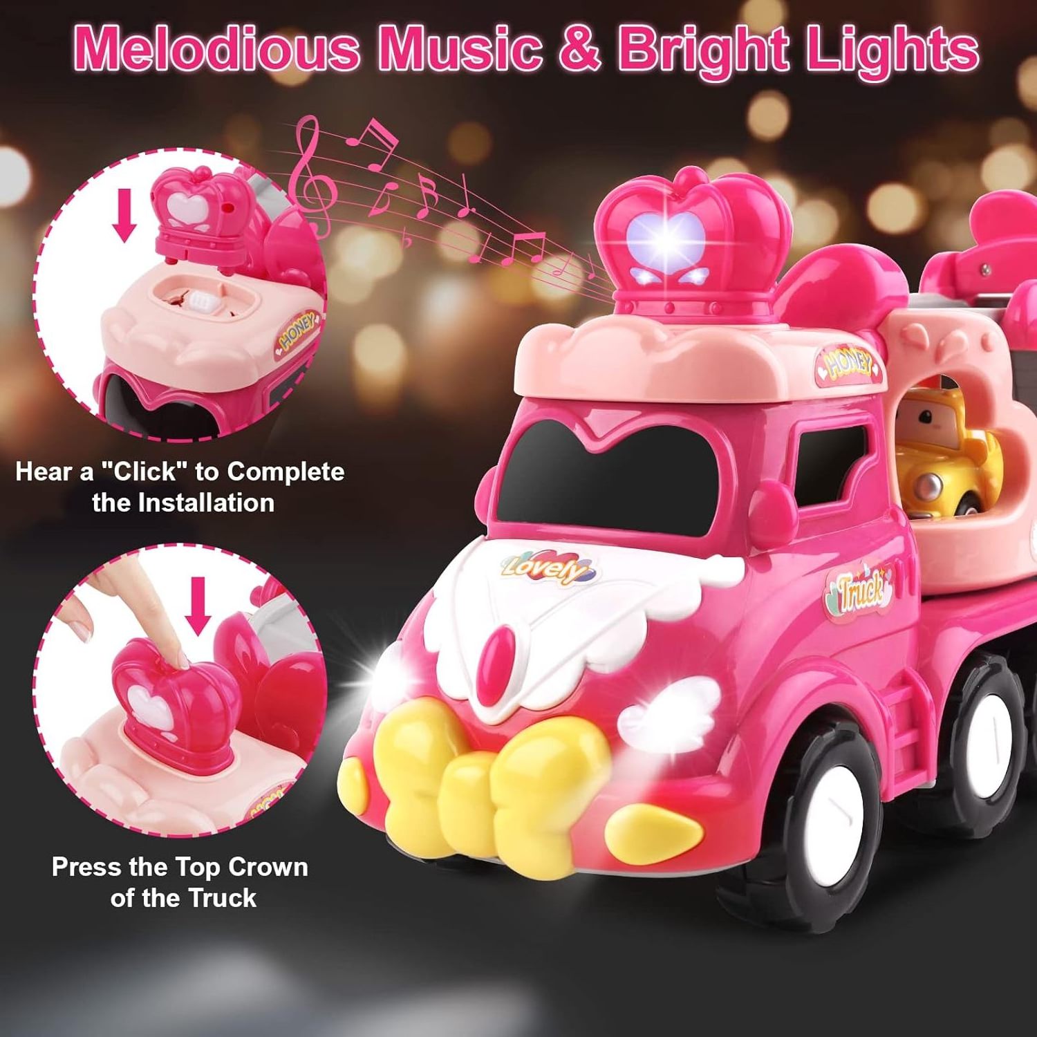 Die-Cast Transport Truck Car Toys 5-in-1 Carrier Truck Toys for Toddler Girl Princess Toy Cars with Light & Sound