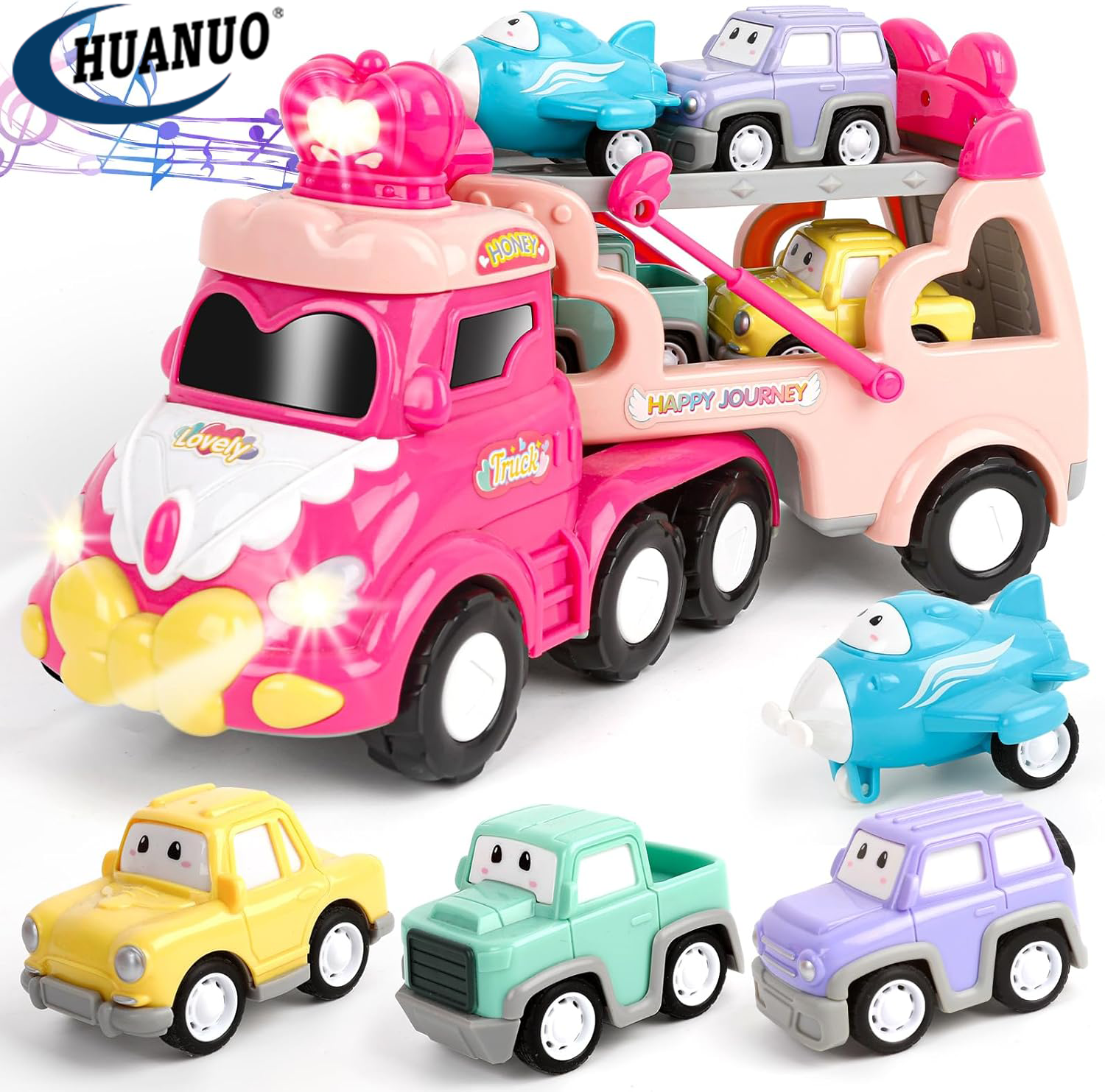 Die-Cast Transport Truck Car Toys 5-in-1 Carrier Truck Toys for Toddler Girl Princess Toy Cars with Light & Sound