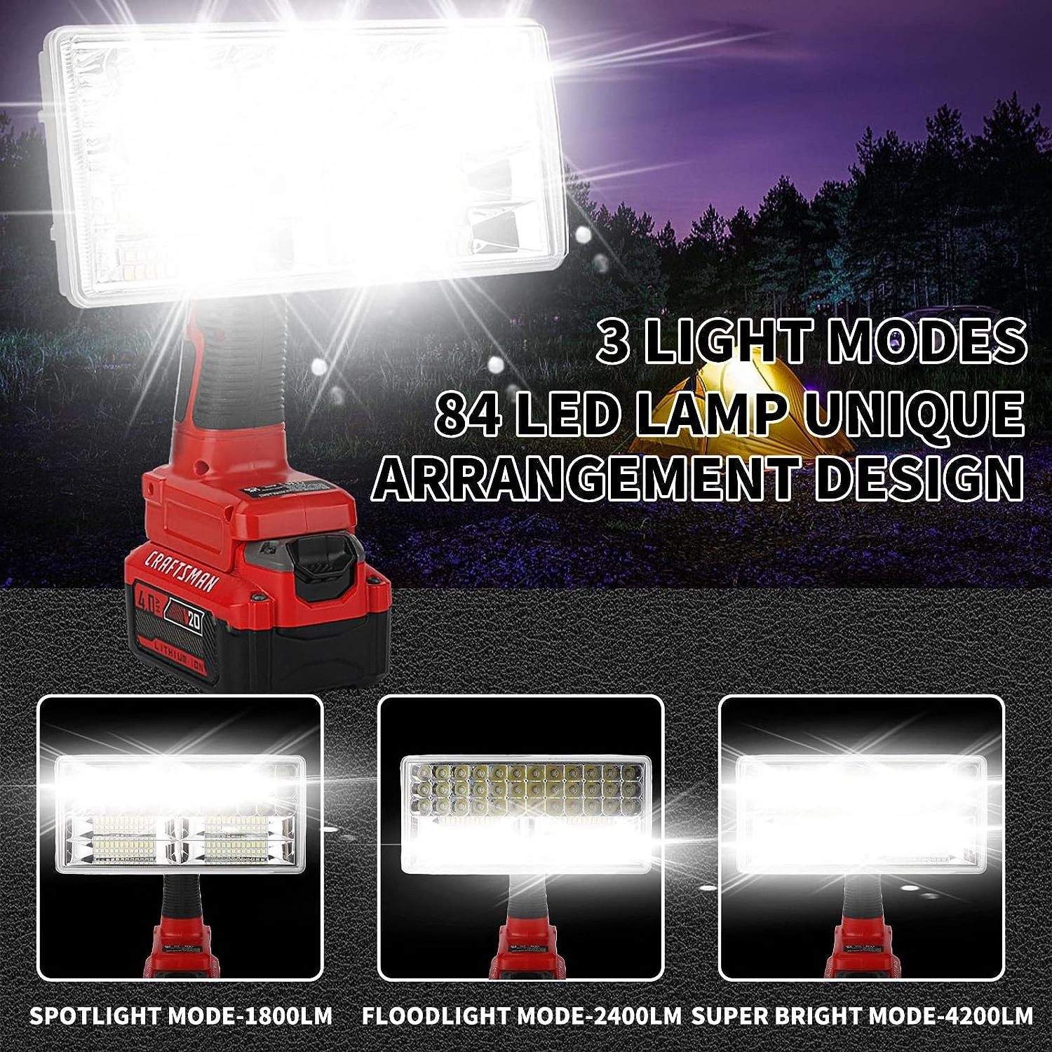 40W 4200LM Portable LED Work Light for Craftsman V20 Battery Rechargeable LED Flashlight Tools for Men