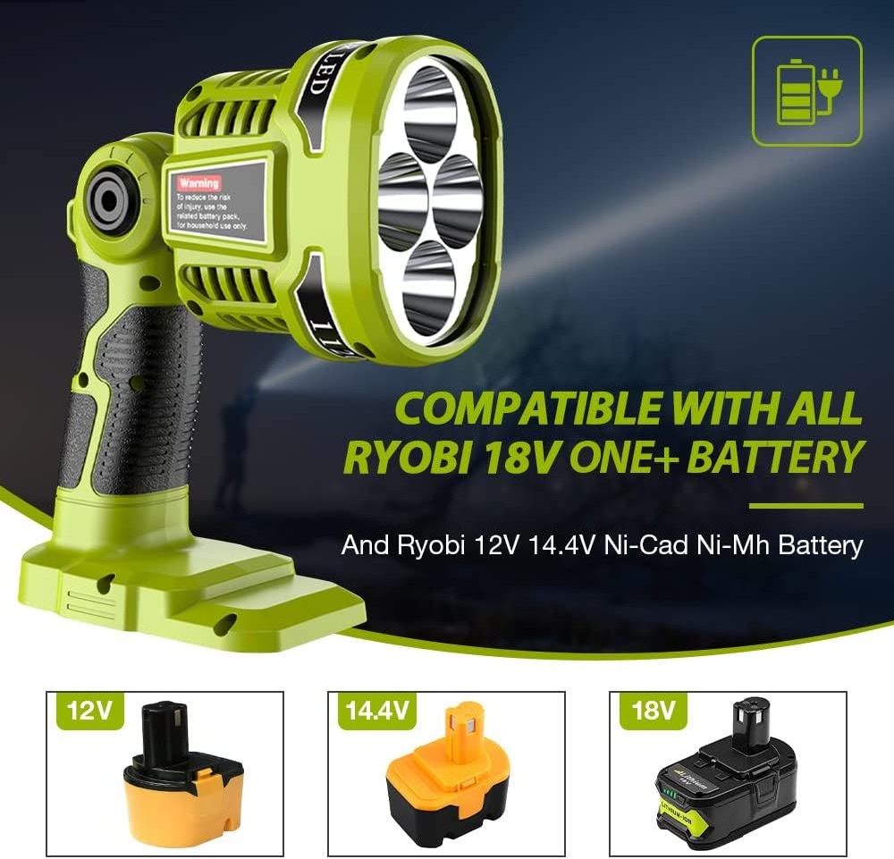 Handheld Flashlights Outdoor Cordless 12W 1120LM LED Work Light for Ryobi 18V ONE + Lithium-ion NiCd NiMh Batteries