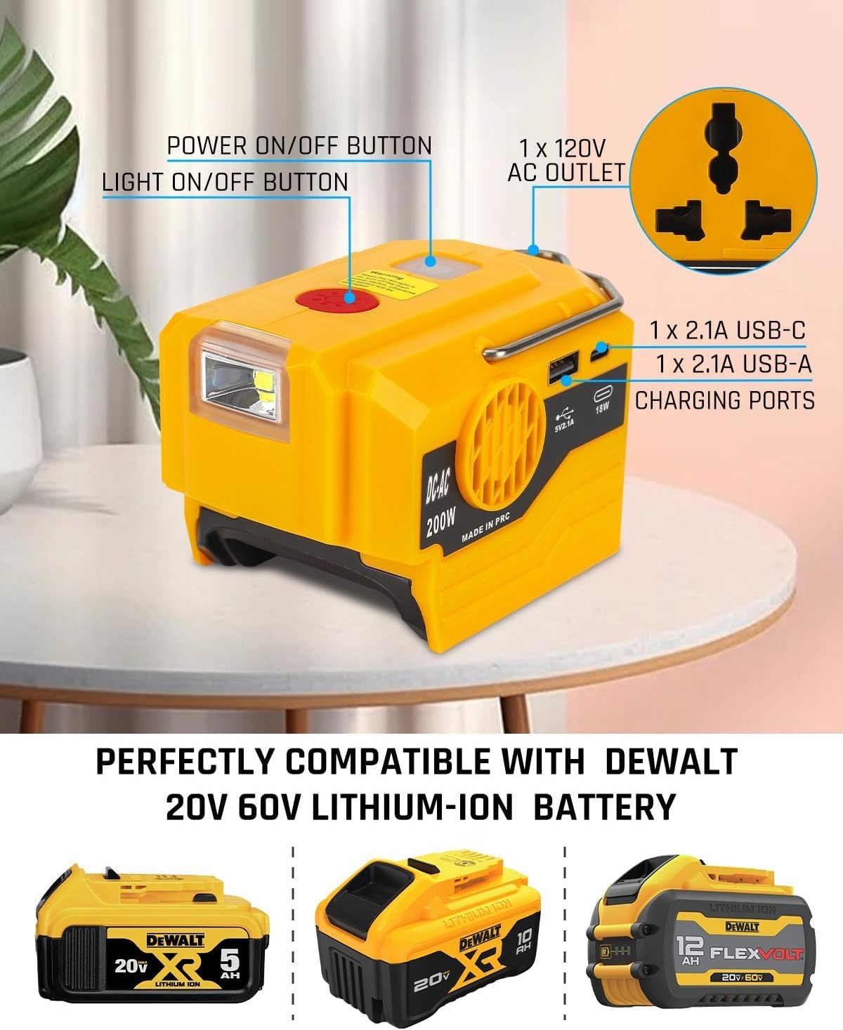 Cordless power 200W Inverter For Dewalt battery DC 18v to AC 110v 220v Output Inverter Generator with USB Charger Adapte