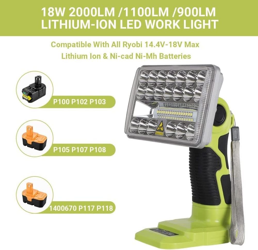 18W 900LM-2000LM Jobsite Light for Ryobi Cordless LED Work Light Compatible with Ryobi 18V 14.4V ONE+ Lithium NiCd NiMh Battery