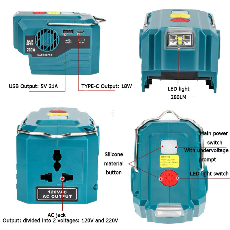 Cordless power 200W Inverter For Dewalt battery DC 18v to AC 110v 220v Output Inverter Generator with USB Charger Adapte