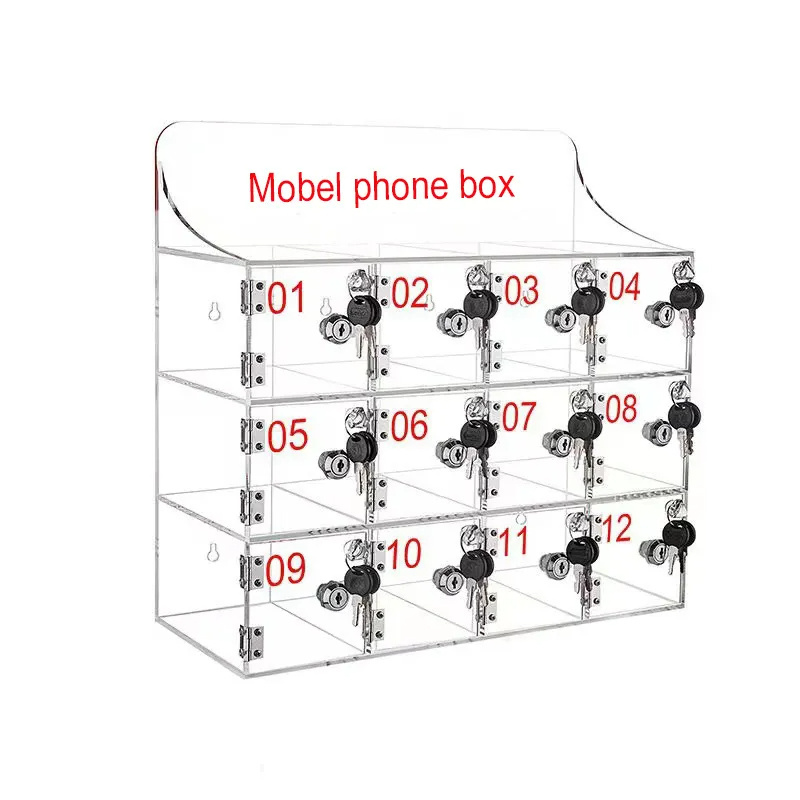 Cell Phone Locker 12-Slot Clear Acrylic Phone Lock Box With Keys Wall-Mounted Large Phone Storage Locker Box