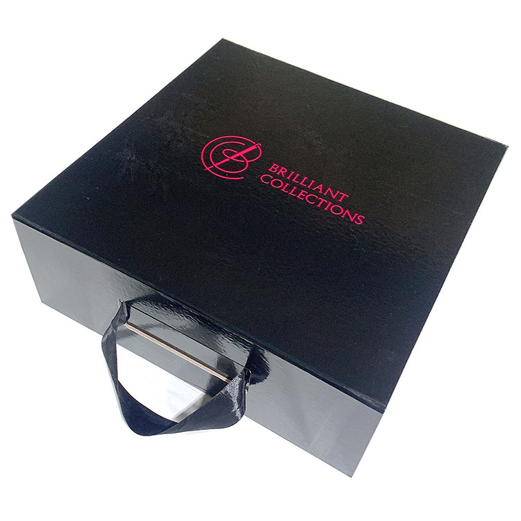 Custom Logo Luxury Paper Big Black Gold Folding Rigid Hardbox Magnet Magnetic Gift Packaging Box With Ribbon Handle