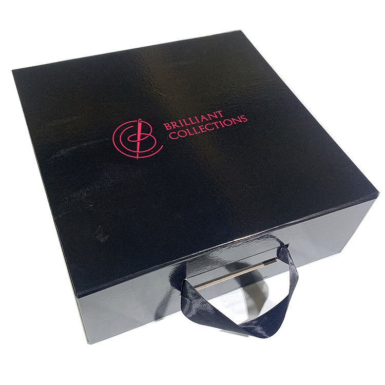 Custom Logo Luxury Paper Big Black Gold Folding Rigid Hardbox Magnet Magnetic Gift Packaging Box With Ribbon Handle