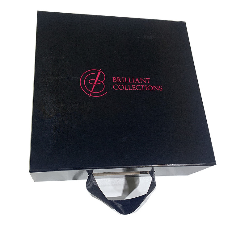 Custom Logo Luxury Paper Big Black Gold Folding Rigid Hardbox Magnet Magnetic Gift Packaging Box With Ribbon Handle