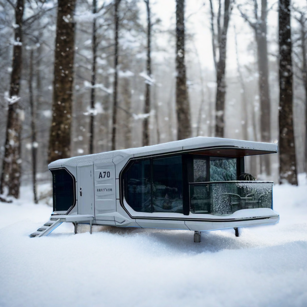 Beach Hotel host families prefabricated container houses on wheels, space modules, apple cabins for living and working