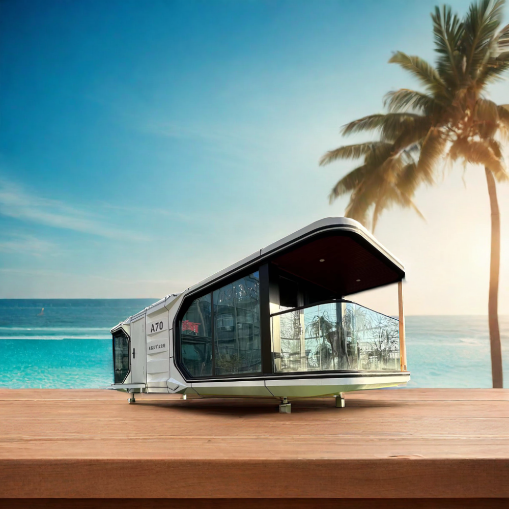 Beach Hotel host families prefabricated container houses on wheels, space modules, apple cabins for living and working