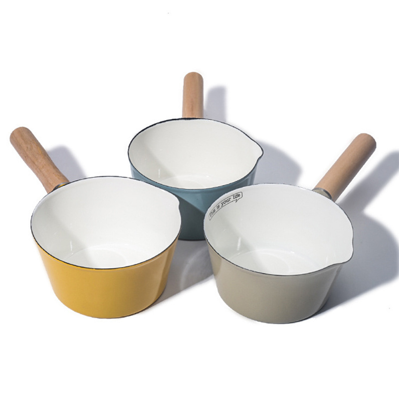 Wholesale Factory Price 15cm Milk Deep Enamel Pot Set Cookware with Wooden Lid