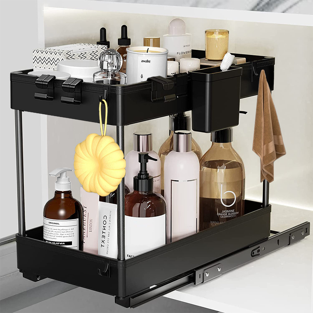 2-Tier Sliding Organizer Drawer Multi-Purpose Under Sink Organizer for Bathroom Kitchen with Hook, Bottom Sliding Basket, Handle