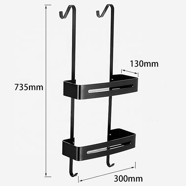 No Drilling Bathroom Organizer Shelf 2 Tier Basket  Glass Shower Room Wall Stainless Steel No Drill Shower Caddy Black