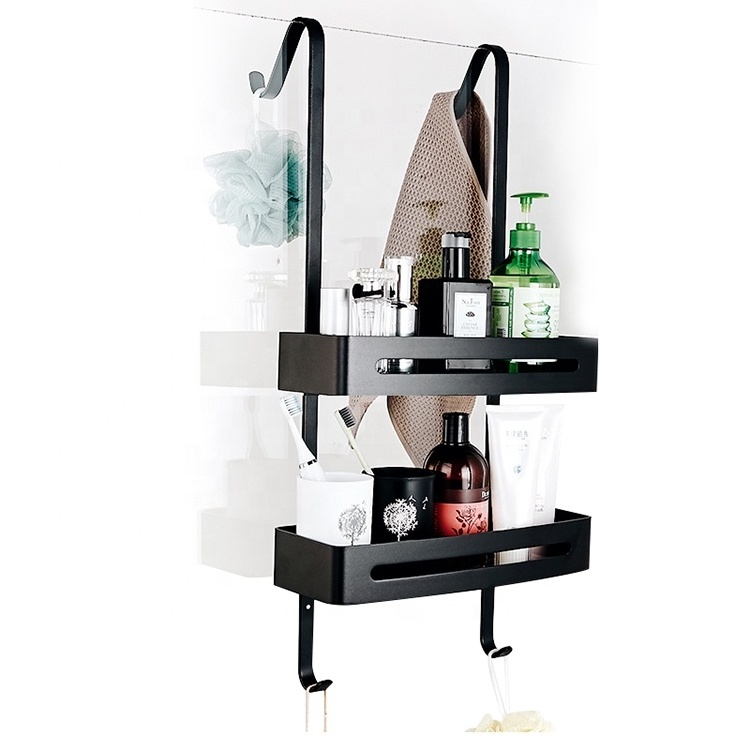 No Drilling Bathroom Organizer Shelf 2 Tier Basket  Glass Shower Room Wall Stainless Steel No Drill Shower Caddy Black