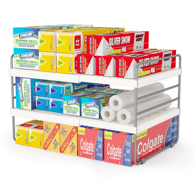 Expandable Plastic Foil Organizer with 3 Tier Shelves Short and Light Storage Rack for Kitchen Bedroom