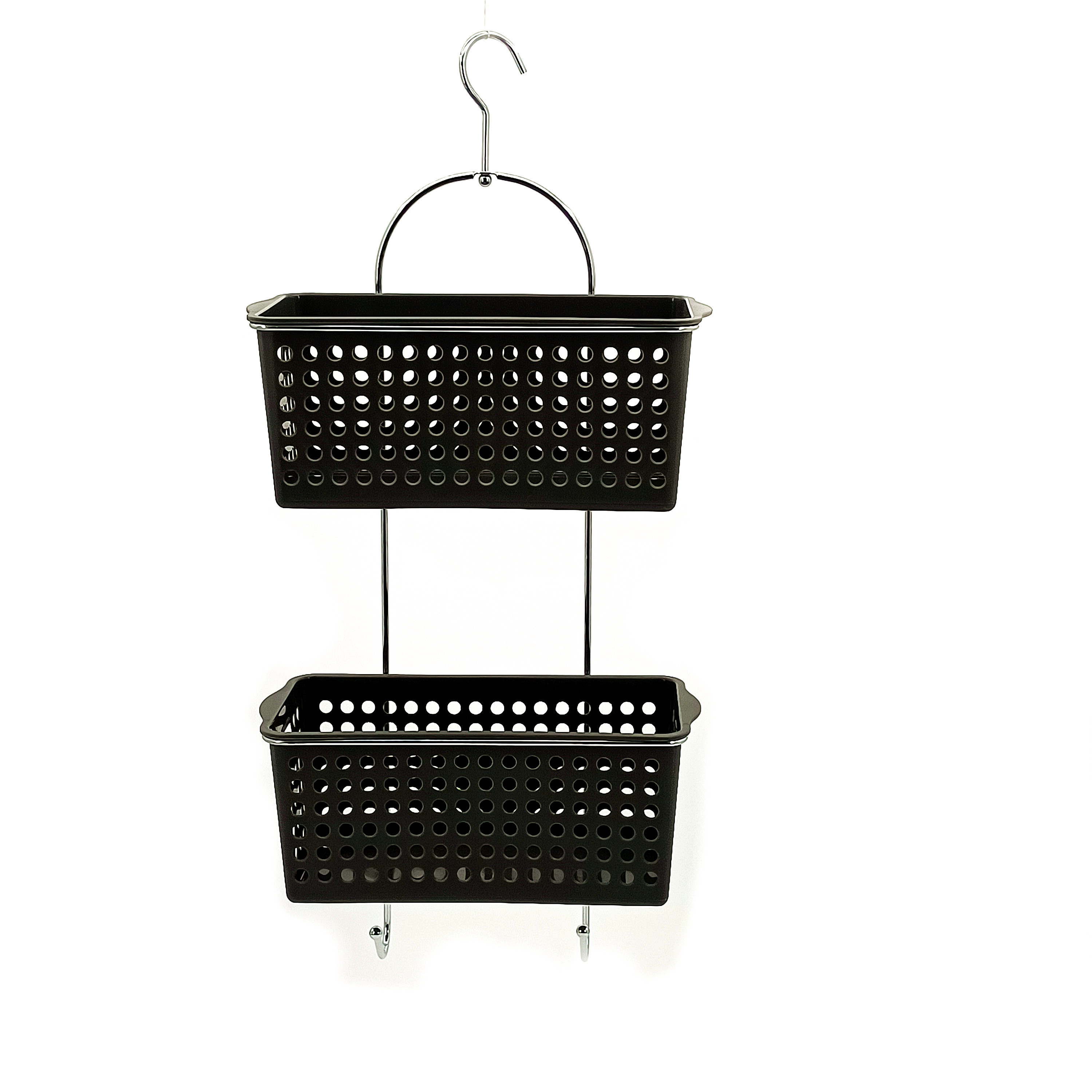 Black 2 Tiers Adhesive Bathroom Shower Shampoo Rack Shower Caddy Hanging Storage Organizer With 2 Hooks For Towel